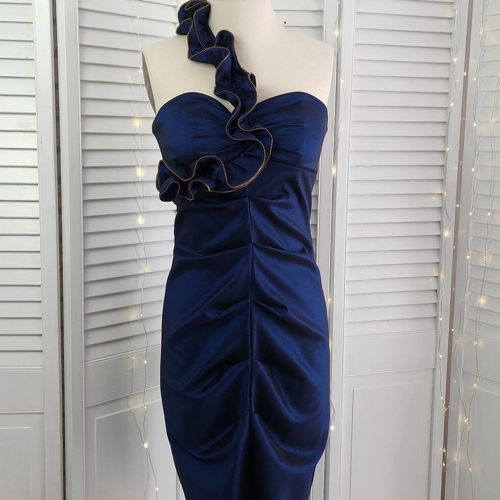 Betsy & Adam Blue Asymmetrical Ruched Mini Dress